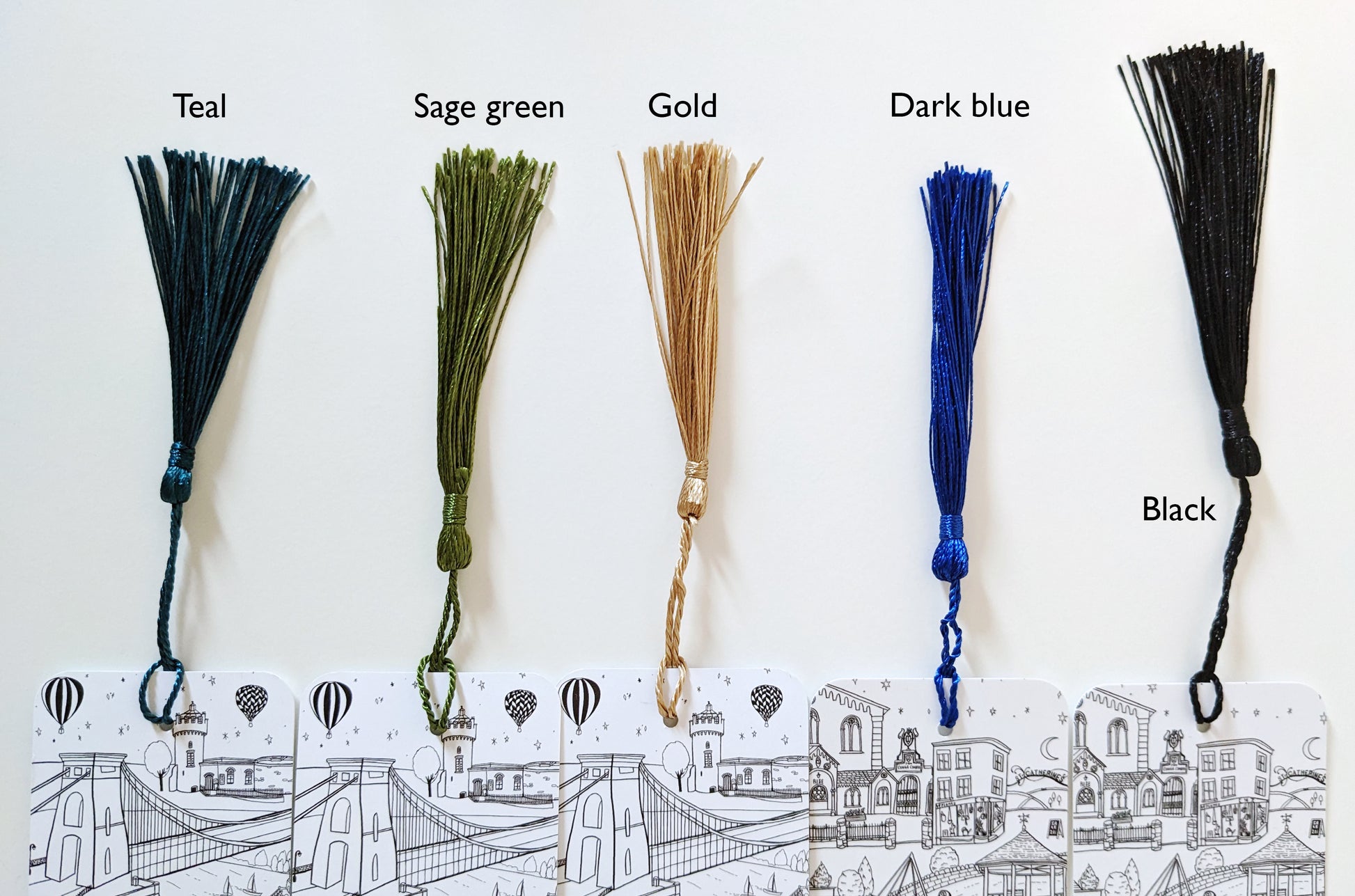 5 bookmarks with a different colour tassel on each